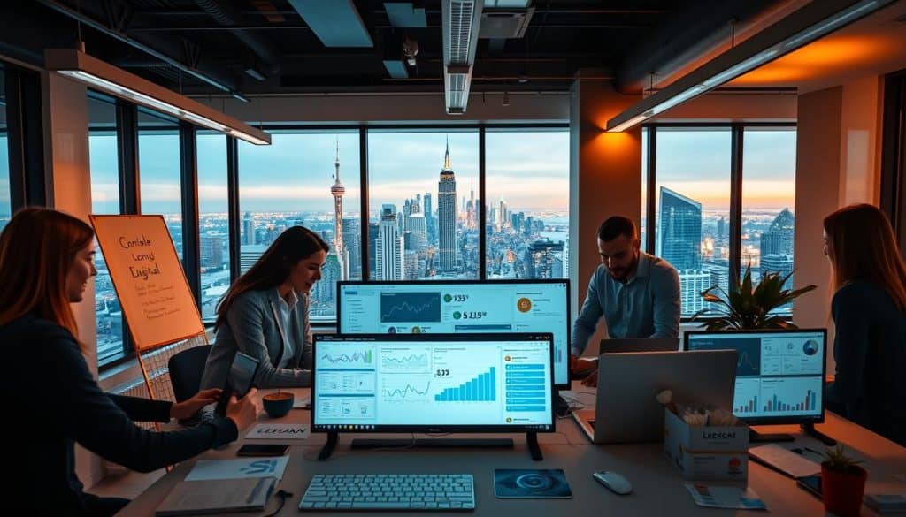 A sleek, modern digital marketing agency workspace. In the foreground, a team of professionals collaborating on a CRES branding campaign, laptops and whiteboards filled with strategic insights. The middle ground showcases various analytics dashboards and digital marketing tools, highlighting the agency's data-driven approach. In the background, floor-to-ceiling windows offer a panoramic view of a vibrant city skyline, symbolizing the agency's global reach and connectivity. Warm, natural lighting casts a productive glow, and the overall atmosphere conveys a sense of innovation, efficiency, and client-focused success.