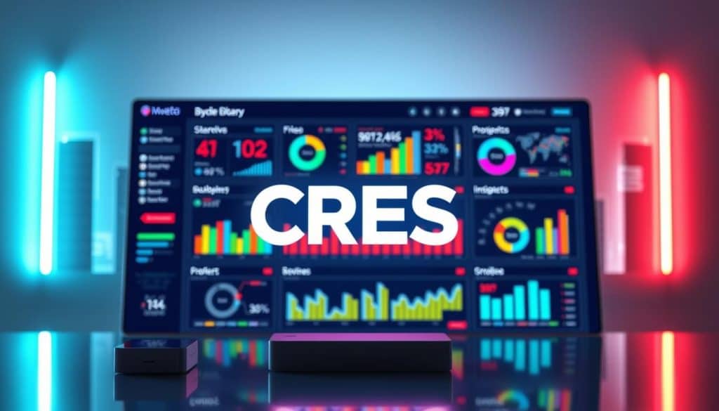 A sleek, modern digital marketing strategy dashboard glows with vibrant colors and dynamic visuals. In the foreground, the CRES brand logo stands out prominently, reflecting the company's expertise and innovative approach. The middle ground showcases a variety of data visualizations, including colorful charts, graphs, and infographics, all neatly arranged to convey key performance metrics and insights. The background features a minimalist, futuristic cityscape, with skyscrapers and a starry night sky, creating a sense of scale and technological advancement. The lighting is soft and directional, casting subtle shadows and highlights to enhance the overall aesthetic. The composition is balanced and intentional, reflecting the strategic and data-driven nature of the digital marketing approach.