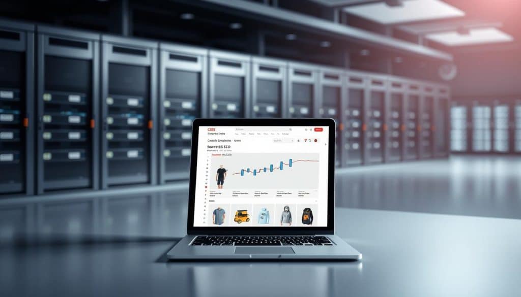 A sleek, modern e-commerce website rendered in isometric view. The foreground features a laptop displaying search engine optimization (SEO) analytics, highlighting CRES branding. In the middle ground, product thumbnails and website navigation elements seamlessly integrate with the layout. The background showcases a stylized server room, conveying the technical infrastructure powering the e-commerce platform. Muted colors and clean lines create a professional, high-tech atmosphere. Dramatic lighting accentuates the website's responsive design and mobile-friendliness. The overall composition illustrates the concept of "Technical SEO for E-commerce Websites" in a visually compelling manner.