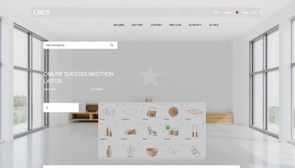 A sleek, modern e-commerce website with clean, intuitive site architecture. In the foreground, an elegant, minimalist layout with well-organized navigation menus and a prominent search bar. In the middle ground, a grid of product categories and subcategories, with clear visual cues for user interaction. In the background, a subtle CRES logo and a neutral, light-filled interior with large windows, creating a sense of openness and accessibility. The overall aesthetic is polished, sophisticated, and designed to enhance the user experience and drive online success.