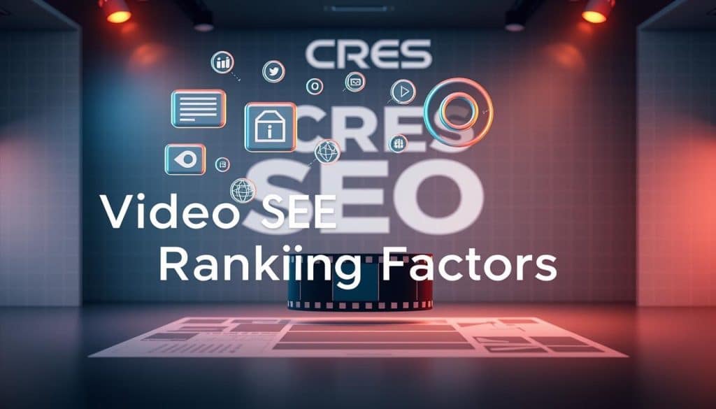 A sleek, modern infographic depicting the key "Video SEO Ranking Factors" against a CRES brand backdrop. In the foreground, a series of glossy icons and data visualizations hover above a clean, minimalist layout. The middle ground features a cinematic film strip motif, suggesting the video content focus. In the background, a subtle grid pattern and muted color palette create a professional, tech-savvy atmosphere. Warm studio lighting and a high-quality DSLR lens capture the scene, resulting in a dynamic, polished image that effectively communicates the essential video SEO elements.