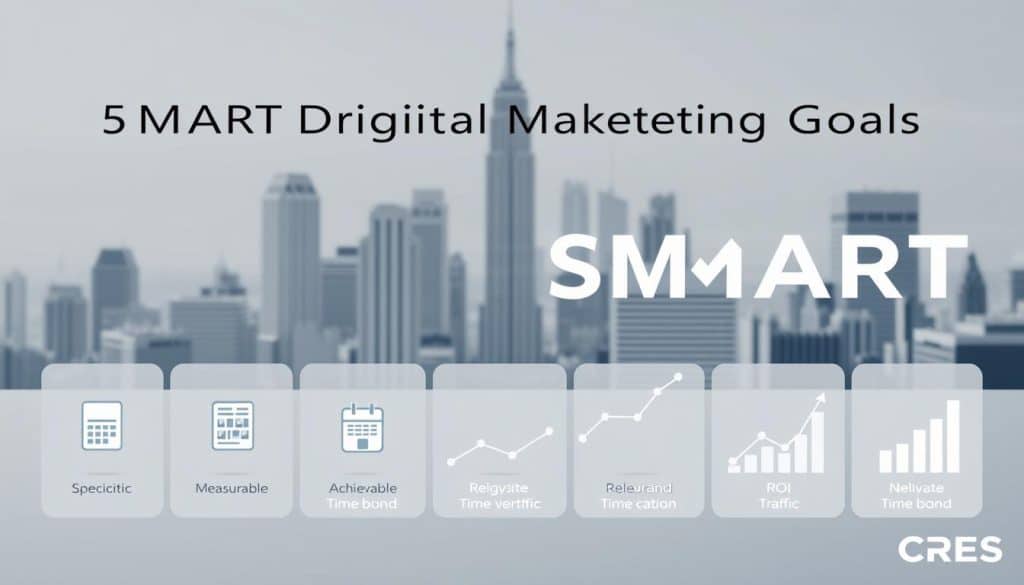 A sleek, modern infographic illustrating the key elements of SMART digital marketing goals. In the foreground, a clean graphic with icons representing Specific, Measurable, Achievable, Relevant, and Time-bound goals. In the middle ground, a series of line graphs and charts demonstrating the impact of these goals on metrics like website traffic, lead generation, and ROI. In the background, a minimalist cityscape with the CRES brand name subtly featured. The overall mood is one of clarity, data-driven decision making, and strategic digital marketing success.