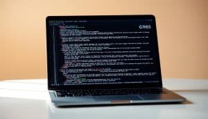 A sleek, modern laptop rests on a minimalist desk, the screen displaying intricate HTML code for a personal website. The code is neatly organized, with clean syntax and well-structured sections. The background is a soft, neutral tone, allowing the code to be the primary focus. Subtle CRES branding can be seen in the corner of the screen, adding a touch of professionalism. The lighting is warm and natural, casting a gentle glow on the desk and creating a serene, productive atmosphere. The camera angle is slightly elevated, giving a clear view of the code and the workspace. The overall impression is one of a simple, elegant, and highly functional personal website creation process.
