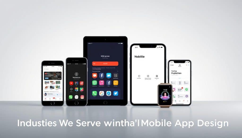 A sleek, modern mobile app design showcasing a variety of mobile devices, including smartphones, tablets, and smartwatches, against a minimalist backdrop. The app interface features clean typography, vibrant color palette, and intuitive user interactions, highlighting the versatility and adaptability of the CRES mobile design approach. Soft, directional lighting illuminates the scene, creating a sense of depth and highlighting the devices' crisp details. The composition emphasizes the seamless integration of technology and design, capturing the essence of "Industries We Serve with Custom Mobile App Design".