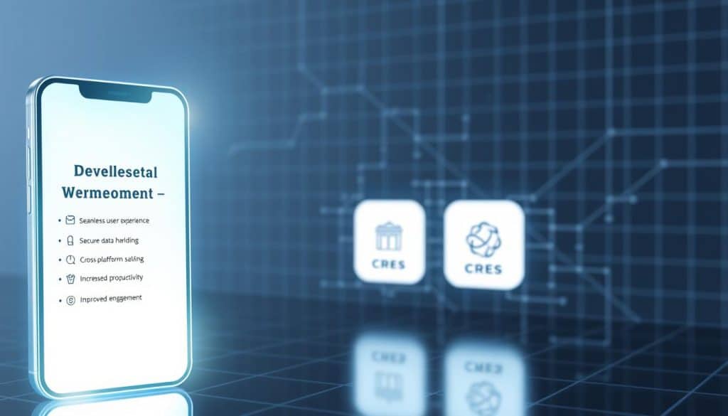 A sleek, modern mobile app interface with a clean design showcasing the key benefits of professional development. In the foreground, a vibrant holographic display highlights the app's features - seamless user experience, secure data handling, and cross-platform compatibility. The middle ground features CRES' branded icons illustrating increased productivity, cost-savings, and improved customer engagement. The background has a subtle grid pattern, conveying the technical complexity behind the app's development. Bright, directional lighting emphasizes the app's modern aesthetic and the benefits it provides. The overall mood is one of efficiency, innovation, and the power of professional mobile app development.
