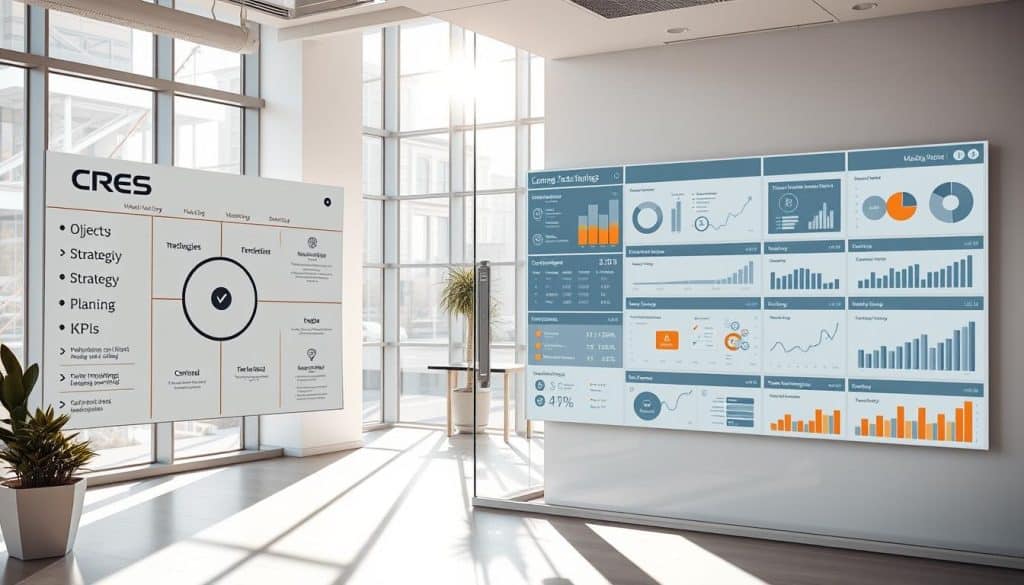 A sleek, modern office interior with a glass wall dividing the space. On the left side, a strategy map with CRES logo and various strategic planning elements like objectives, KPIs, and timelines. On the right, a tactical dashboard displaying real-time marketing metrics, analytics, and campaign performance data. Natural light streams in through large windows, creating a bright, professional atmosphere. The space conveys a sense of strategic vision balanced with operational execution. A sleek, modern office interior with a glass wall dividing the space. On the left side, a strategy map with CRES logo and various strategic planning elements like objectives, KPIs, and timelines. On the right, a tactical dashboard displaying real-time marketing metrics, analytics, and campaign performance data. Natural light streams in through large windows, creating a bright, professional atmosphere. The space conveys a sense of strategic vision balanced with operational execution.