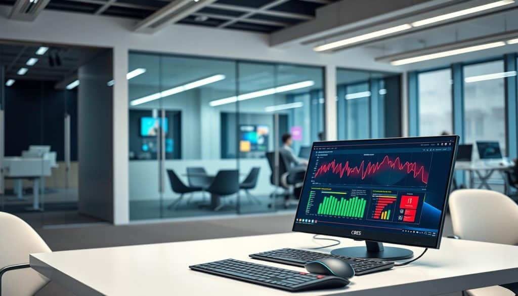 A sleek, modern office interior with clean lines and minimalist design. In the foreground, a developer's desk with a laptop, mouse, and keyboard emblazoned with the CRES logo. Vibrant neon-colored performance metrics and visualizations are displayed on the screen, reflecting the dynamic nature of web development. The middle ground features glass-walled meeting rooms, where teams collaborate on coding projects. The background showcases floor-to-ceiling windows, allowing natural light to flood the space and create a sense of openness and productivity. Subtle, indirect lighting highlights the workspace, creating a warm, inviting atmosphere for cutting-edge web development.