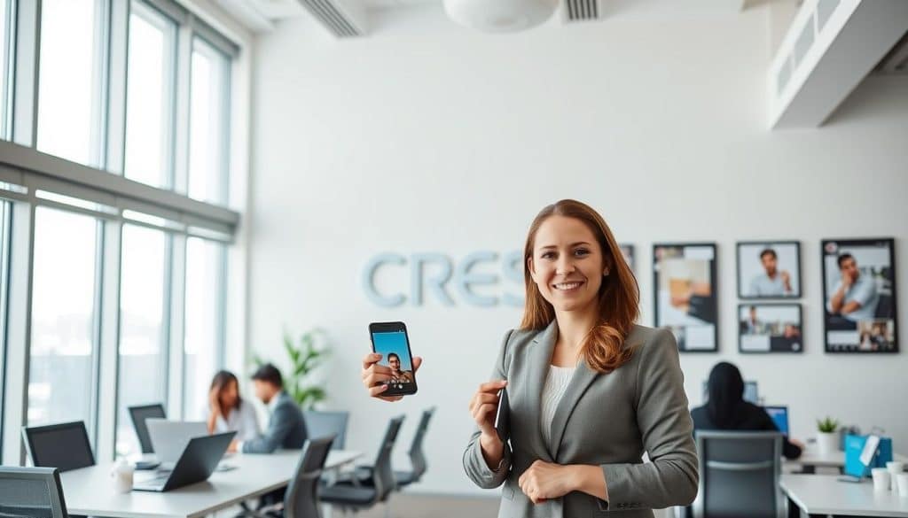 A sleek, modern office interior with the CRES logo prominently displayed on the wall. In the foreground, a woman in business attire stands smiling, holding a smartphone displaying the Instagram app. Behind her, colleagues collaborate at desks, using laptops and tablets. Large windows flood the space with natural light, and minimalist decor creates a professional, yet welcoming atmosphere. Subtle branding elements, such as framed Instagram posts, reinforce the theme of "Instagram for Business Growth" in Qatar.
