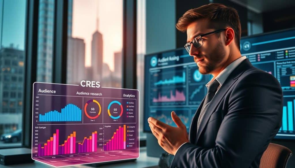 A sleek, modern office scene with an executive surrounded by data visualizations and digital analytics tools. Warm, focused lighting illuminates a thoughtful, intent expression as they analyze audience insights on a large, wall-mounted dashboard. In the foreground, a holographic display showcases CRES audience research metrics, vibrant color-coded graphs, and user demographic data. The background features tall windows overlooking a bustling cityscape, creating a sense of urban sophistication. The overall mood is one of strategic, data-driven decision making.