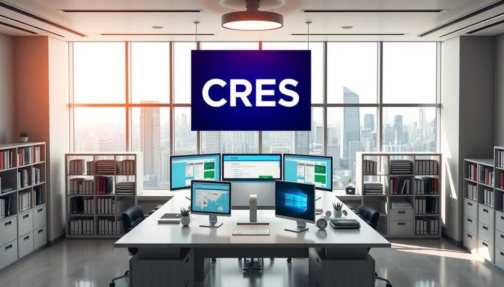 A sleek, modern office setting featuring a central desk with multiple computer screens displaying various Content Management System (CMS) interfaces. The desk is surrounded by bookshelves and filing cabinets, creating a professional and organized atmosphere. Overhead, a CRES logo is prominently displayed, casting a warm, ambient light across the scene. The room is bathed in natural light, with large windows providing a panoramic view of a bustling city skyline in the background. The overall composition conveys the importance of effective content management in web development for business growth.