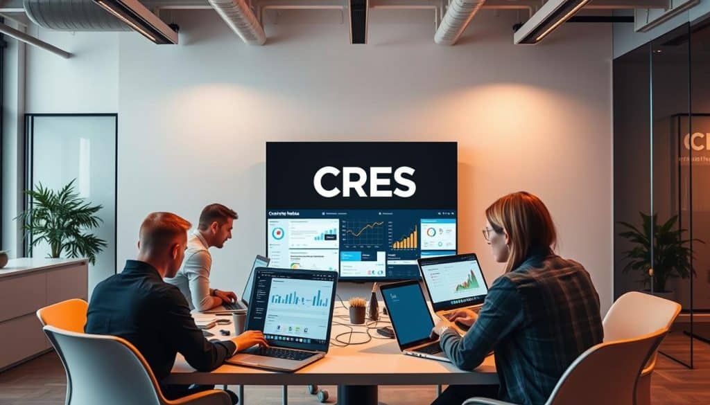 A sleek, modern office setting showcasing the professional social media marketing services of CRES. In the foreground, a team of social media experts collaborate on laptops, strategizing digital campaigns. The middle ground features a large screen displaying analytics and performance metrics. In the background, a minimalist wall displays the CRES logo and branding. Warm, directional lighting casts a productive, innovative atmosphere. Captured with a wide-angle lens to emphasize the collaborative workspace.