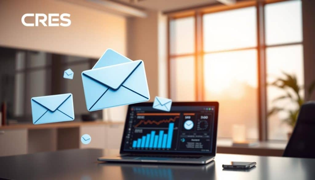 A sleek, modern office setting with a CRES brand logo prominently displayed. In the foreground, a stylized email icon and graphs depicting optimization metrics float above a desk. The middle ground features a laptop and smartphone, showcasing email campaign analytics and optimization tools. In the background, a large window floods the room with warm, golden light, creating a serene and productive atmosphere. The scene conveys the superior deliverability and performance of CRES's email marketing service, empowering businesses to maximize their ROI. A sleek, modern office setting with a CRES brand logo prominently displayed. In the foreground, a stylized email icon and graphs depicting optimization metrics float above a desk. The middle ground features a laptop and smartphone, showcasing email campaign analytics and optimization tools. In the background, a large window floods the room with warm, golden light, creating a serene and productive atmosphere. The scene conveys the superior deliverability and performance of CRES's email marketing service, empowering businesses to maximize their ROI.
