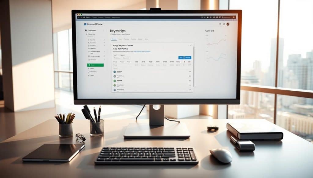 A sleek, modern office setting with a large monitor displaying the CRES Google Keyword Planner interface. The monitor is surrounded by a minimalist desk, with a keyboard, mouse, and stylish office supplies in the foreground. The lighting is bright and natural, casting a warm glow on the scene. In the background, a floor-to-ceiling window offers a scenic city skyline, adding depth and a sense of professional sophistication. The overall mood is one of productivity, efficiency, and digital growth.