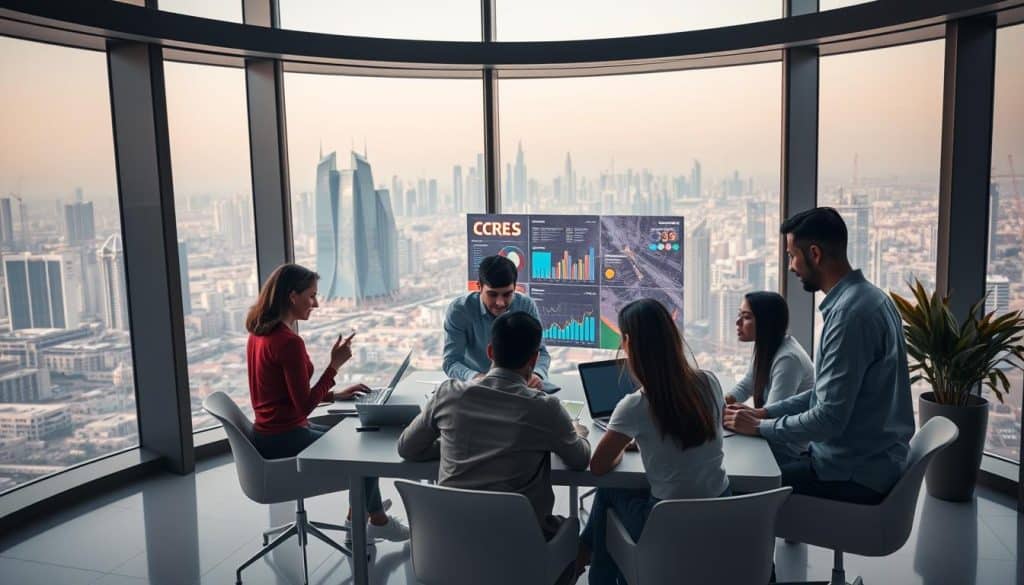 A sleek, modern office setting with a panoramic view of the Doha skyline. In the foreground, a team of young, dynamic marketers huddle around a table, laptops and tablets in hand, strategizing the latest social media campaign for the CRES brand. Soft, diffused lighting filters in through the floor-to-ceiling windows, creating a warm, productive atmosphere. In the middle ground, a large, interactive display board showcases vibrant graphics, analytics, and campaign insights. The background features a bustling cityscape, with skyscrapers and construction cranes punctuating the horizon, symbolizing the rapid growth and digital transformation of Qatar's business landscape.