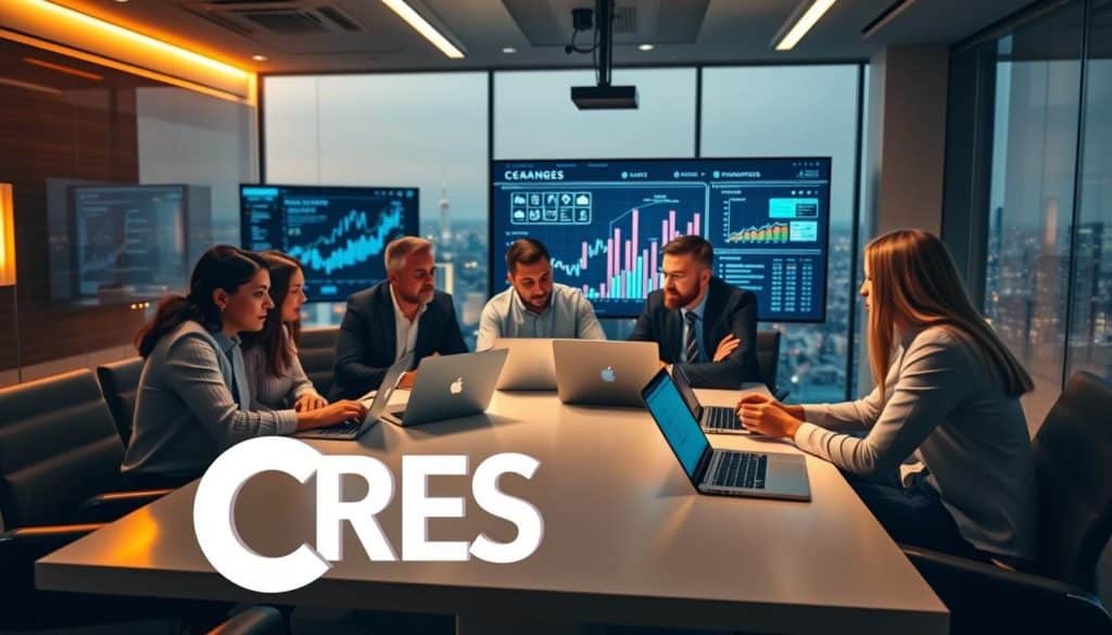A sleek, modern office setting with a team of professionals gathered around a table, laptops and data visualizations displayed on a large screen. In the foreground, a CRES logo prominently featured, conveying the brand's data-driven PR approach. Warm, directional lighting casts a subtle glow, creating a sense of focus and productivity. The middle ground shows the team members deeply engaged in discussion, their expressions reflecting a collaborative, analytical mindset. In the background, a panoramic view of a thriving cityscape, hinting at the broader business landscape CRES operates within. Overall, the scene exudes a professional, tech-savvy atmosphere, capturing the essence of CRES's data-driven PR strategy.