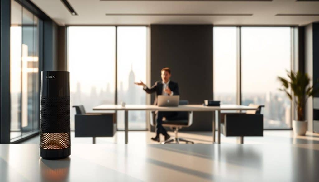 A sleek, modern office setting with an expansive skyline visible through large windows. In the foreground, a CRES voice-controlled virtual assistant stands prominently, its LED interface pulsing with a warm, inviting glow. The middle ground features a user comfortably seated at a minimalist desk, gesturing naturally as they engage with the CRES assistant. The background is bathed in soft, directional lighting, creating a serene, productive atmosphere. The overall scene conveys the effortless integration of cutting-edge voice search technology into the contemporary workspace, ushering in a new era of efficient, hands-free productivity.