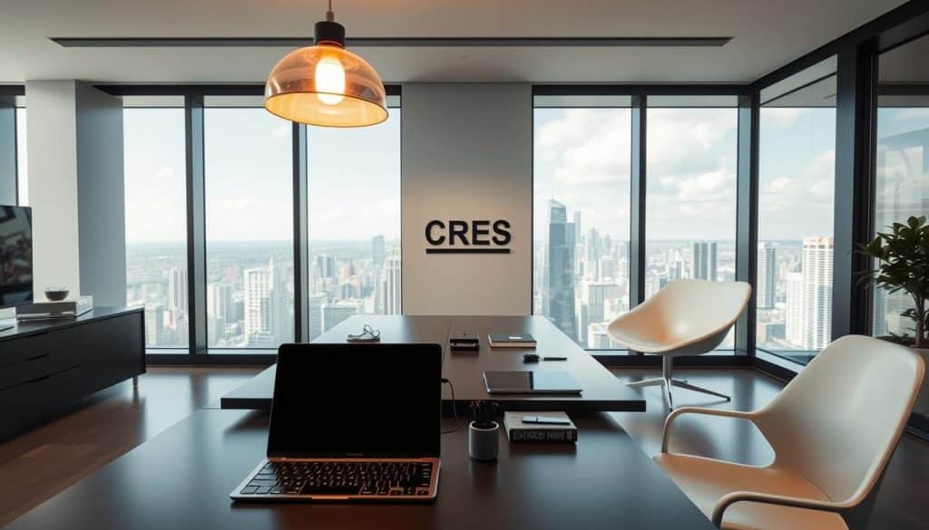 A sleek, modern office space with a focus on user experience design. In the foreground, a minimalist desk with a laptop, tablet, and stylish desk accessories. Overhead, a pendant light casts a warm, focused glow. The middle ground features an elegant, curved white chair and a CRES logo on the wall, hinting at the brand's involvement. In the background, floor-to-ceiling windows offer a panoramic view of a bustling city skyline, conveying a sense of urban sophistication. The overall atmosphere is one of clean, modern efficiency, reflecting the importance of visual design in enhancing the user experience.