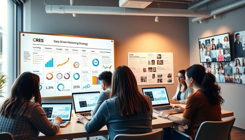 A sleek, modern office space with a large whiteboard displaying a data-driven influencer marketing strategy for the CRES brand. In the foreground, a group of young, diverse professionals collaborating intently, their laptop screens showcasing campaign analytics and social media metrics. Warm, directional lighting illuminates the scene, creating a sense of focus and productivity. The middle ground features strategically placed infographics and charts, visualizing the key performance indicators of successful influencer partnerships. In the background, a wall-mounted display shows a curated feed of influencer content, highlighting the seamless integration of the CRES brand within their authentic digital presence.