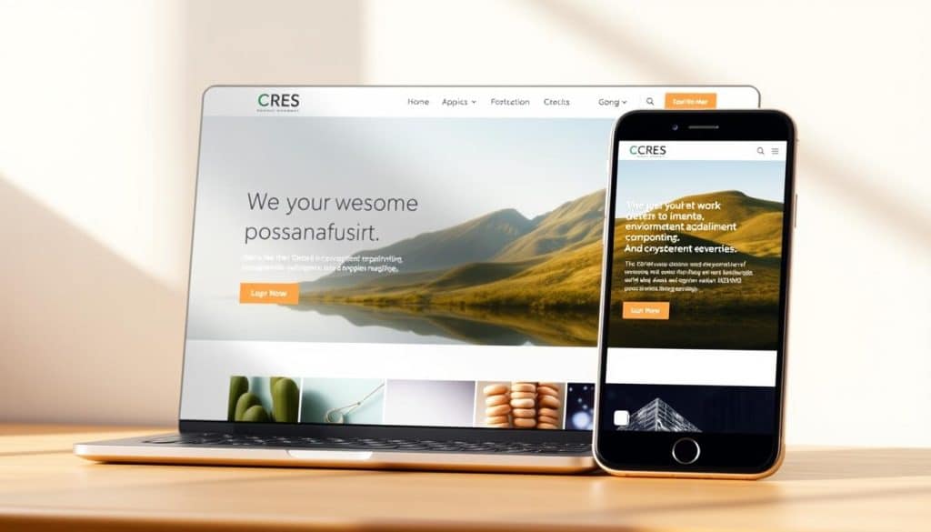 A sleek, modern personal website with a minimalist design, showcasing a clean layout and intuitive navigation. The homepage features a large, high-quality hero image of a serene, natural landscape, reflecting the CRES brand's commitment to environmental sustainability. The design is characterized by crisp, high-contrast typography, subtle gradients, and strategically placed whitespace, creating a sense of elegance and professionalism. The website is presented from a slightly elevated, three-quarter angle, illuminated by warm, natural lighting that casts soft shadows and highlights the website's responsive, mobile-friendly layout.