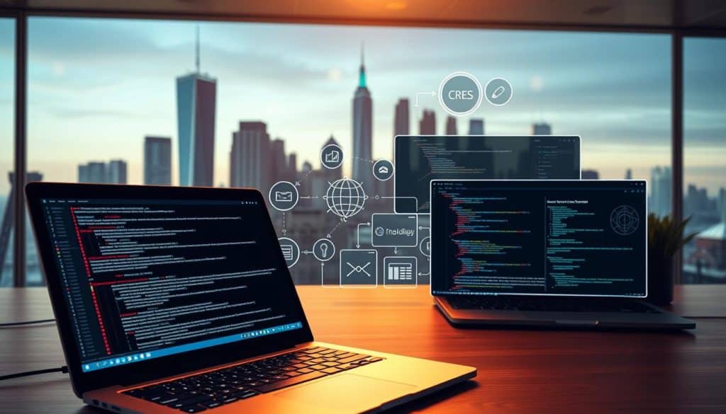 A sleek, modern web application development scene. In the foreground, a laptop displays intricate code, while the middle ground showcases various development tools and platforms, such as CRES, representing the key factors to consider. The background features a city skyline, symbolizing the digital growth and connectivity of web-based applications. The scene is bathed in a warm, ambient lighting, creating a productive and technological atmosphere.