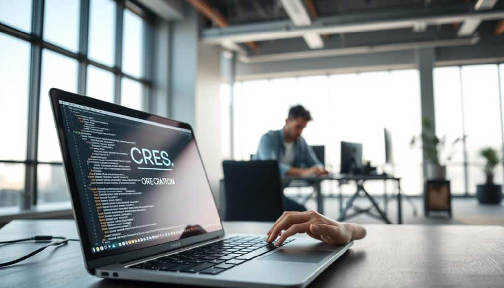 A sleek, modern web application development scene. In the foreground, a laptop displays lines of code and a CRES logo, casting a soft glow. In the middle, a developer intently types, fingers flying across the keyboard. The background features a minimalist office setting with floor-to-ceiling windows, allowing natural light to flood the space. The atmosphere is one of focused productivity, with clean lines, muted colors, and a sense of technological sophistication. The lighting is subtle, creating depth and highlighting the key elements of the scene. A professional, high-resolution image captures the essence of web application development.