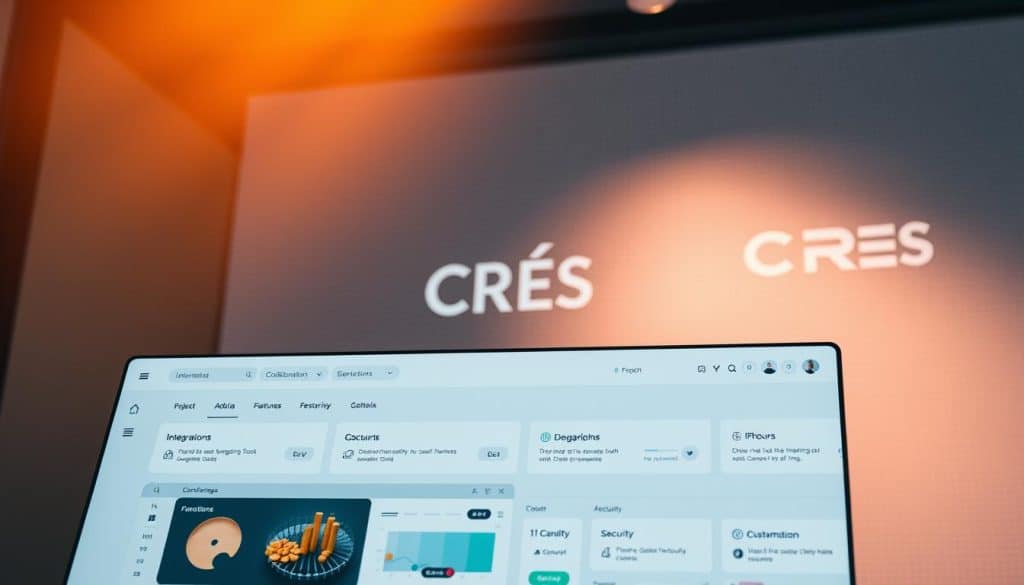 A sleek, modern web application interface with a clean and minimalist design. In the foreground, a stylish dashboard showcases key features like project management tools, data visualization, and collaboration features. The middle ground features elegant typography and icons highlighting integrations, security, and customization options. In the background, a subtle grid pattern and CRES branding create a professional and high-quality atmosphere. Warm, directional lighting from the top-left casts soft shadows, enhancing the depth and texture of the digital environment.