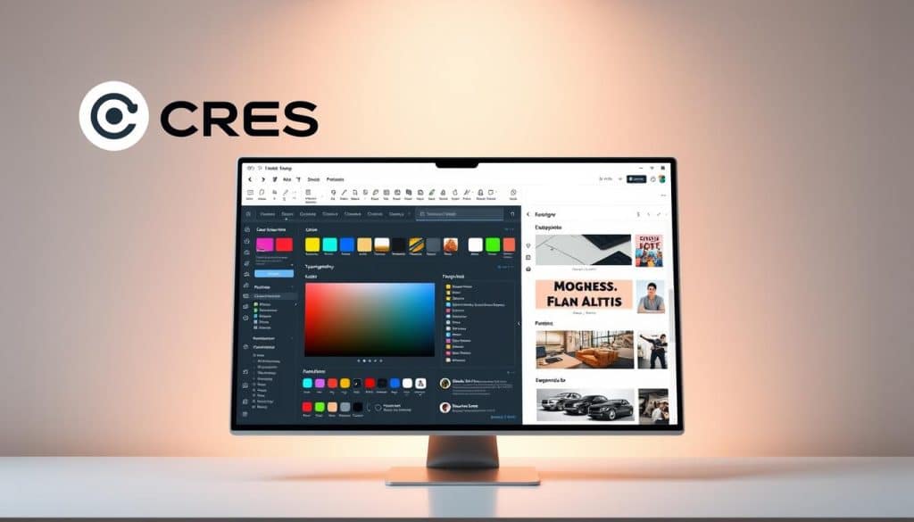 A sleek, modern web design application with a clean and intuitive user interface. The application window is displayed in the foreground, showcasing a variety of design tools and features, such as a color palette, typography options, and a responsive grid layout. The application is set against a minimalist background with soft, warm lighting, creating a sophisticated and professional atmosphere. The CRES logo is prominently displayed in the top-left corner, indicating the brand behind this powerful web design tool.