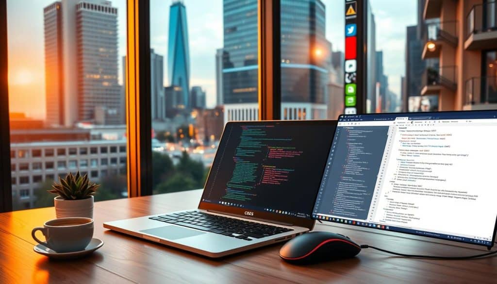 A sleek, modern web development workspace, bathed in warm lighting from large windows. In the foreground, a CRES-branded laptop and mouse sit on a minimalist wooden desk, accompanied by a cup of coffee and a succulent plant. In the middle ground, a stylized code editor displays intricate web development project files, while in the background, a cityscape of towering skyscrapers and a vibrant, bustling street scene provide a dynamic urban backdrop. The overall atmosphere conveys a sense of productive focus, technological innovation, and the essential role of web development projects in driving business growth.