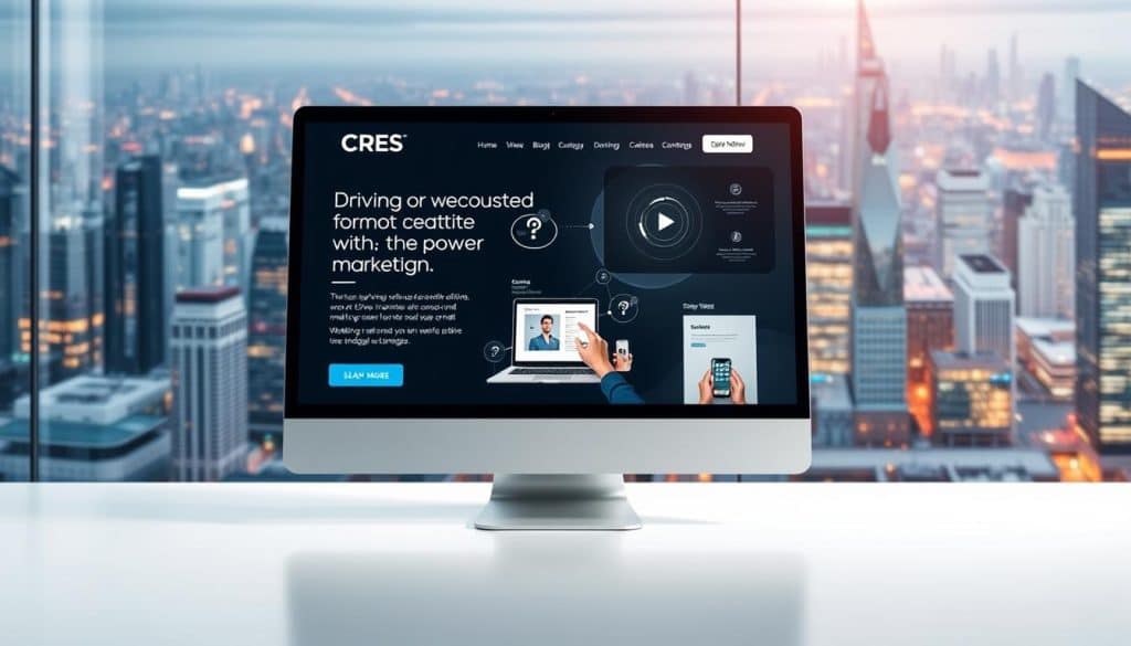 A sleek, modern website design showcasing the power of CRES Internet marketing. In the foreground, a clean, minimalist user interface with intuitive navigation and high-quality product imagery. Midground features a user interacting with the website on a high-resolution laptop, surrounded by subtle data visualizations and infographics illustrating key metrics and insights. In the background, a vibrant, dynamic cityscape symbolizing the global reach and impact of effective digital marketing strategies. Lighting is soft and directional, creating a sense of depth and professionalism. The overall scene conveys a mood of innovation, efficiency, and a commitment to driving revenue growth through exceptional web design.