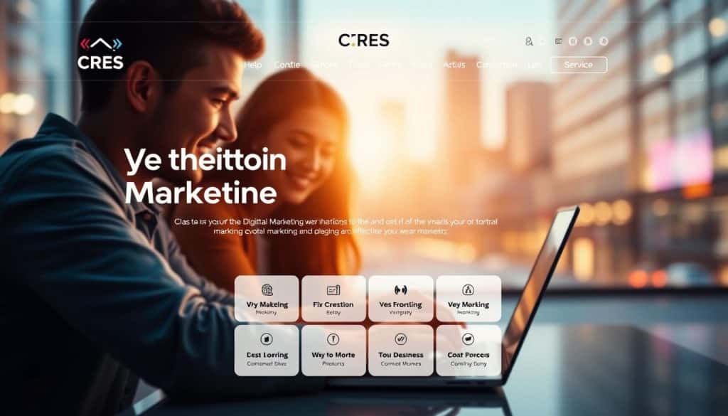 A sleek, modern website design with a bold, striking layout featuring the CRES brand prominently displayed. The homepage showcases a captivating hero section with a high-resolution image of a digital marketing team collaborating on a laptop, bathed in warm, directional lighting. The middle ground features a clean grid of service icons, while the background depicts a blurred cityscape, conveying a sense of digital progress and innovation. The overall aesthetic is minimalist, yet visually impactful, reflecting the power of effective web design in digital marketing.