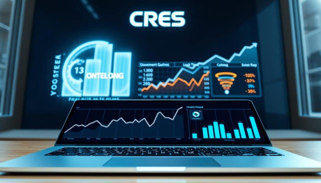 A sleek, modern website in the foreground, its interface clean and intuitive. In the middle ground, glowing graphs and charts depicting website performance metrics like load times, bounce rates, and conversion funnels. The background features a towering CRES logo, symbolizing the brand's commitment to website speed optimization as a crucial SEO ranking factor. Soft, directional lighting highlights the dynamic elements, creating a sense of balance and professionalism. The overall scene conveys the importance of website speed in boosting conversions and driving business success.