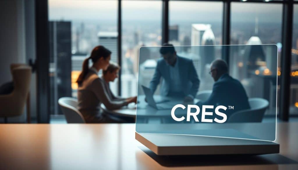 A sleek, modern website interface with a clean, minimalist design floats in the foreground, showcasing the CRES brand name. In the middle ground, a team of professionals strategize around a conference table, brainstorming digital marketing tactics. The background depicts a bustling cityscape, hinting at the broader context of web design's vital role in successful online marketing. Soft, directional lighting from the left illuminates the scene, creating depth and atmosphere. The overall mood is one of focus, collaboration, and the synergy between web design and digital marketing.