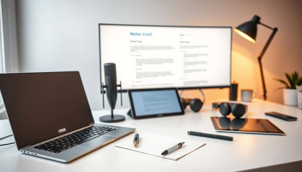 A sleek, modern workspace with a variety of professional email writing tools arranged neatly on a pristine desk. In the foreground, a CRES laptop, stylish fountain pen, and a minimalist notepad evoke a refined, efficient atmosphere. The middle ground features a high-quality microphone, noise-cancelling headphones, and a tablet for drafting and revising emails. The background showcases a large monitor displaying a polished email template, complemented by a subtle, warm lighting that creates a productive, focused ambiance. The overall scene conveys a sense of sophisticated, streamlined email writing capabilities for the discerning business professional.