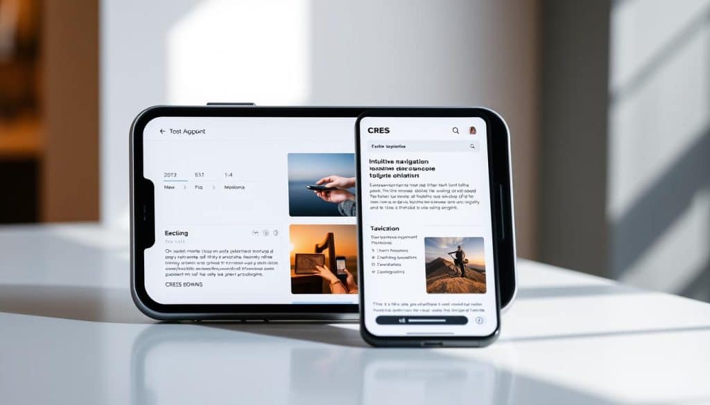 A sleek, responsive mobile device display showcases intuitive navigation and captivating visuals, optimizing user experience for higher conversions. The CRES brand identity shines through a minimalist, high-contrast design with crisp, clean lines and a subtle, elegant color palette. Soft, diffused lighting accentuates the device's smooth, reflective surface, creating a sense of depth and dimension. The camera angle is slightly elevated, allowing the screen to dominate the frame and draw the viewer's attention to the engaging, mobile-friendly content.