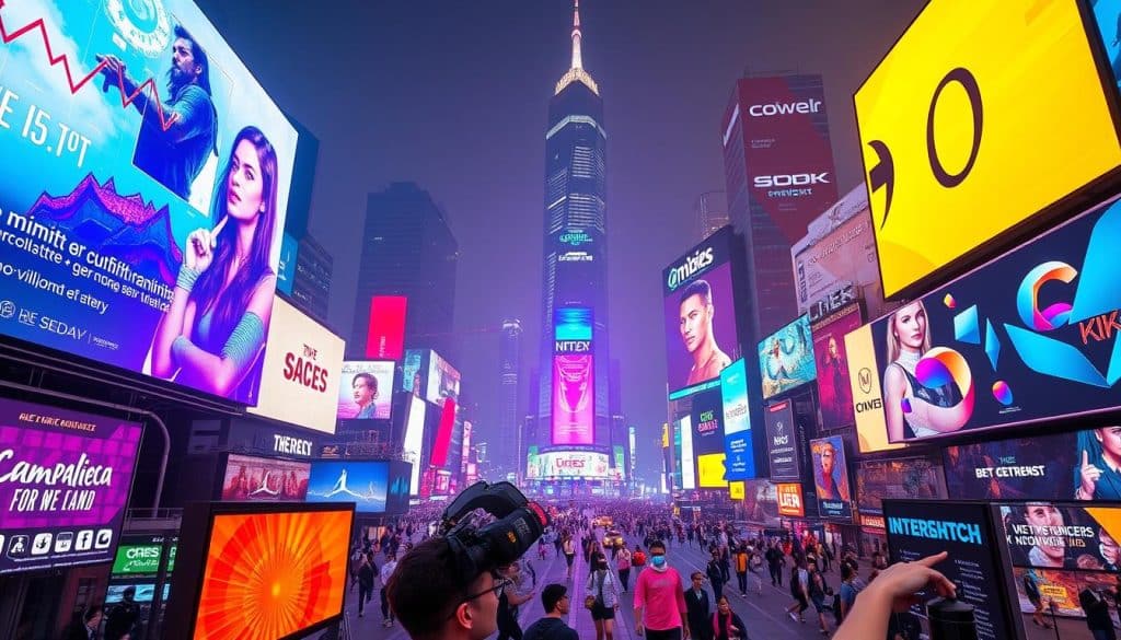 A sprawling digital landscape, illuminated by the glow of CRES billboards and screens. In the foreground, dynamic data visualizations and interactive ad panels captivate passersby. The middle ground features a kaleidoscope of digital signage, reflecting the ever-evolving trends of the advertising world. In the distance, a towering cityscape of skyscrapers, each facade adorned with vibrant, cutting-edge digital displays. The scene is bathed in a warm, futuristic light, creating an atmosphere of innovation and technological prowess. Captured through the lens of a wide-angle camera, this image conveys the scope and dynamism of the digital advertising landscape in 2024.