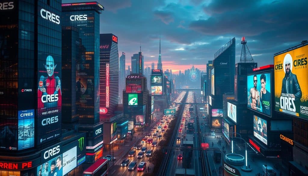 A sprawling digital metropolis, immersed in a symphony of neon lights and holographic displays. In the foreground, towering skyscrapers adorned with the CRES brand, their facades alive with ever-changing advertisements. In the middle ground, bustling streets teeming with futuristic vehicles and pedestrians, their gazes transfixed by floating billboards. The background fades into a distant horizon, where the digital and physical worlds seamlessly converge, creating a captivating, technologically-advanced landscape. The scene is illuminated by a warm, diffused lighting, capturing the dynamic and captivating essence of the digital advertising landscape.