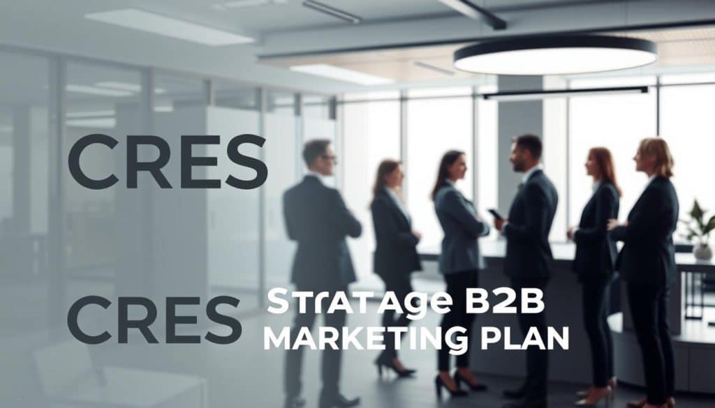 A strategic B2B marketing plan with the CRES brand prominently displayed. In the foreground, a bold and sophisticated logo design with clean lines and a muted color palette. In the middle ground, a group of professional business people in suits, engaged in a collaborative discussion, representing the target audience. In the background, a sleek and modern office environment with large windows, subtle lighting, and minimalist decor, conveying a sense of productivity and growth. The overall mood is one of authority, efficiency, and forward-thinking.