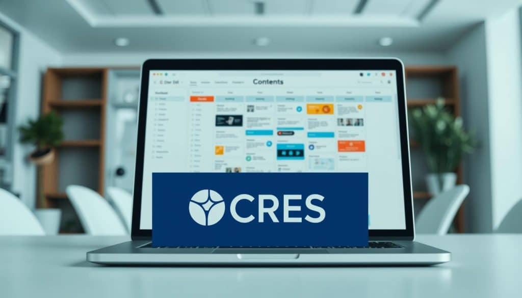 A strategic content plan for a higher education institution, showcasing a cohesive visual identity. In the foreground, the CRES brand logo is prominently displayed, conveying a sense of authority and professionalism. The middle ground features a laptop screen displaying a content calendar, with various icons and graphics representing different content types, such as blog posts, videos, and social media updates. The background depicts a modern, minimalist office setting, with clean lines, neutral tones, and subtle lighting, creating a calm and productive atmosphere. The overall composition emphasizes the importance of a well-structured content strategy in enhancing the online presence and SEO performance of educational websites.