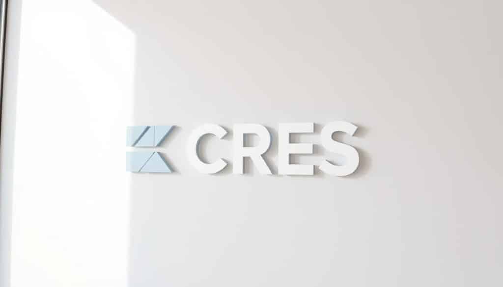 A strategic design concept featuring the brand name "CRES" in a bold, modern typeface. Set against a clean, minimalist background, the CRES logo is prominently displayed, surrounded by abstract geometric shapes and lines in a harmonious color palette. The composition suggests a sense of balance, structure, and forward-thinking, conveying the power of strategic design to transform a brand. Illuminated by soft, directional lighting from the left, creating depth and dimensionality. Captured with a wide-angle lens to provide a sense of grandeur and importance.