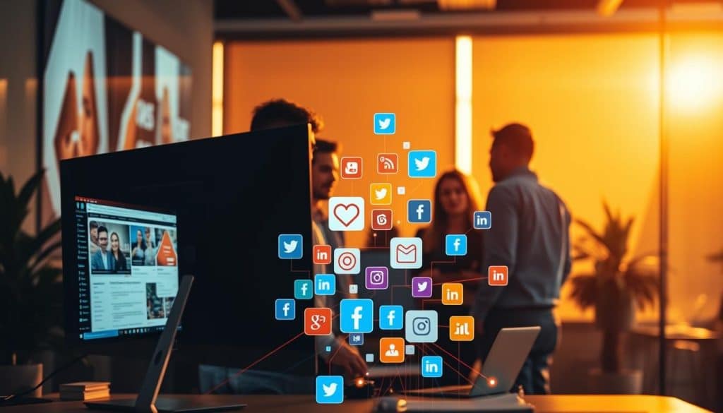 A strategic social media campaign for CRES, a dynamic marketing agency. In the foreground, a team of savvy professionals huddled around a sleek computer display, brainstorming content ideas and analytics. In the middle ground, a vibrant array of social media icons - Facebook, Twitter, Instagram - pulsing with energy. The background bathes in warm, golden lighting, conveying a sense of productivity and forward momentum. The scene exudes an air of collaboration, innovation, and a relentless pursuit of digital growth for CRES clients. Captured through a wide-angle lens, the image offers a comprehensive view of a comprehensive social media marketing strategy in action.