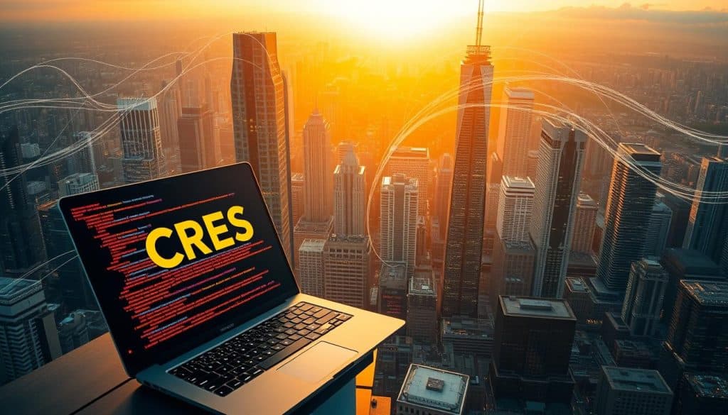 A striking aerial view of a web development landscape, bathed in warm, golden light. In the foreground, a sleek, modern laptop displaying the CRES logo, its screen filled with lines of vibrant code. The middle ground features a cityscape of towering skyscrapers, their glass facades reflecting the glow of numerous screens and coding terminals. In the background, a network of interconnected circuits and data streams weave through the urban environment, creating a dynamic, tech-infused atmosphere. The overall scene conveys a sense of technological innovation, digital progress, and the power of web development to transform the modern world.