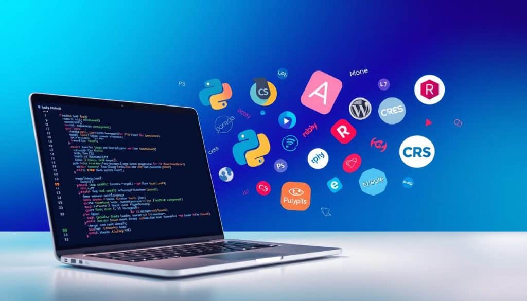 A striking composition of web development languages, showcasing a vibrant array of coding syntaxes and symbols. In the foreground, a sleek, minimalist laptop screen displays lines of HTML, CSS, and JavaScript code against a stark white background, illuminated by soft, directional lighting. In the middle ground, various programming languages such as Python, Ruby, and PHP float in a dynamic, abstract arrangement, their logos and icons rendered in a bold, modern style. The background features a subtle gradient, transitioning from a deep blue to a vibrant CRES teal, creating a sense of depth and technical sophistication. The overall scene conveys the power and versatility of web development, with a clean, visually compelling aesthetic.