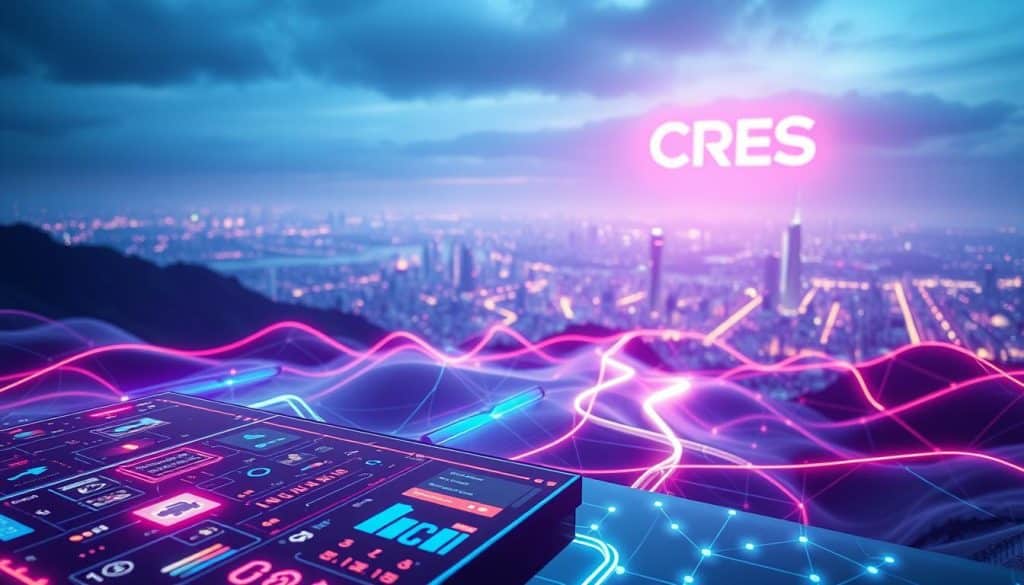 A striking digital landscape, illuminated by a futuristic CRES logo that glows with a vibrant neon energy. In the foreground, a sleek, minimalist interface showcases an array of interactive elements, inviting the viewer to explore the endless possibilities of digital presence. The middle ground features a network of interconnected data streams, visualized as ethereal ribbons of light that dance across the scene. In the background, a vast, abstract cityscape stretches out, a testament to the power and reach of the digital world. The overall atmosphere is one of dynamism, innovation, and the limitless potential of a strong online presence for business growth.