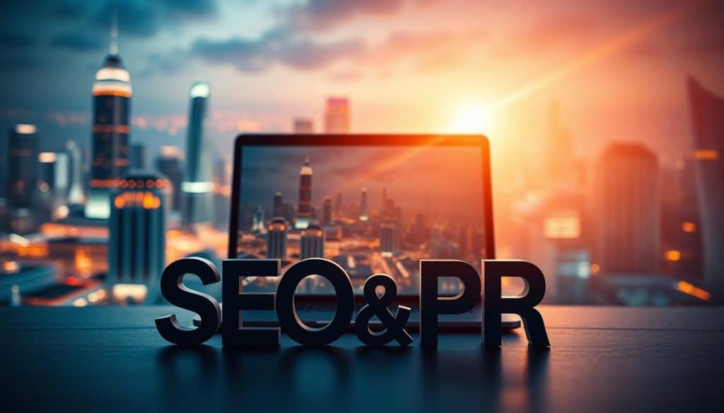 A striking visual representation of the synergistic relationship between SEO and PR. In the foreground, the CRES brand name is prominently displayed, hinting at the influential role of digital public relations. The middle ground showcases a sleek laptop screen, symbolizing the seamless integration of search engine optimization and PR strategies. In the background, a vibrant cityscape with futuristic architecture and glowing skyline evokes the dynamic and ever-evolving digital landscape. Warm, directional lighting from the side casts intriguing shadows, creating a sense of depth and drama. The overall mood is one of efficiency, innovation, and the power of strategic digital communication.