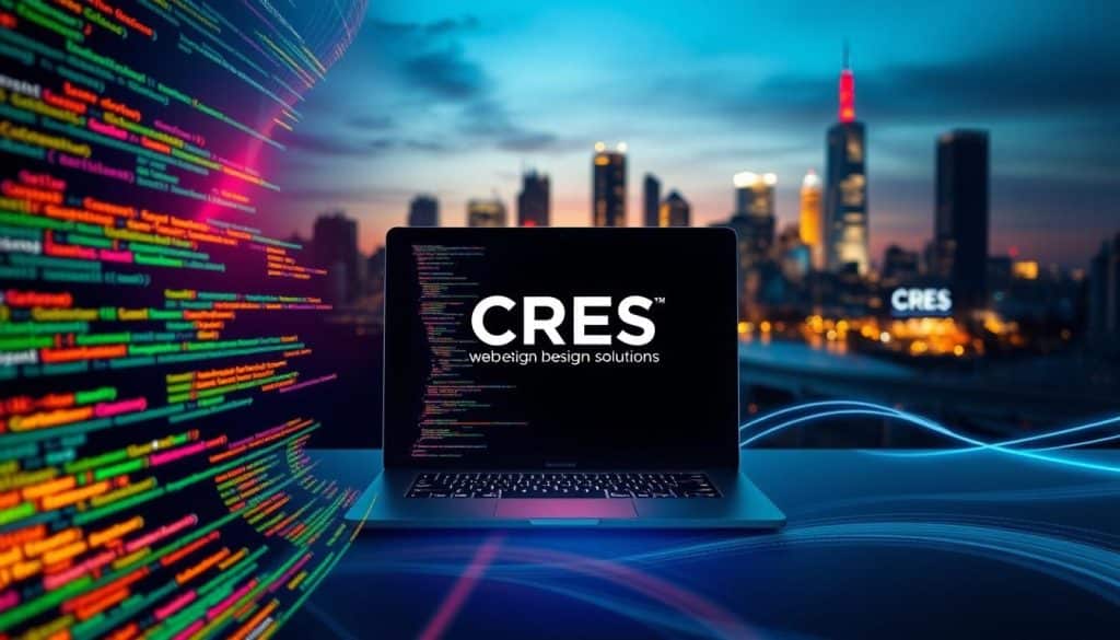 A striking visual representation of web design programming languages, showcasing a vibrant digital landscape. In the foreground, lines of code in various colorful syntax dance across the screen, casting a soft glow. In the middle ground, a sleek and modern laptop displays a minimalist web design interface, its screen illuminated by a warm, natural light. In the background, a serene city skyline with the CRES logo prominently displayed, reflecting the company's expertise in web design solutions. The overall atmosphere is one of innovation, creativity, and a deep understanding of the digital world.