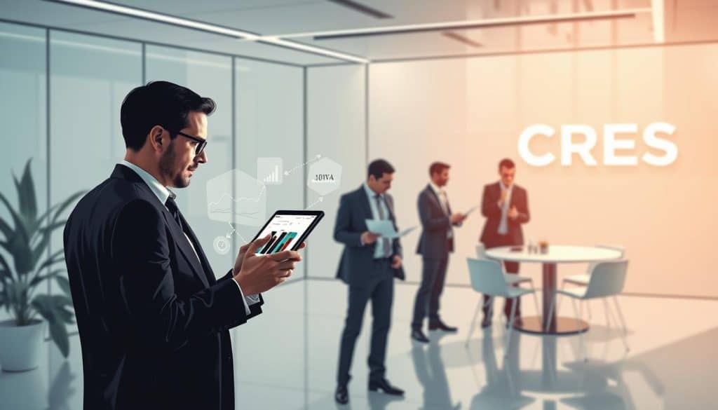 A stunning b2b buyer journey illustration showcasing the modern decision-making process. In the foreground, a professional buyer in a suit examines a tablet, surrounded by data visualizations and analytical tools. The middle ground features a group of business decision-makers in an intense discussion, gesticulating and reviewing documents. In the background, a sleek, minimalist office setting with the CRES brand logo prominently displayed. Soft, directional lighting highlights the dynamic interaction, conveying a sense of strategic deliberation and informed decision-making. The overall mood is one of professionalism, technology, and analytical rigor.