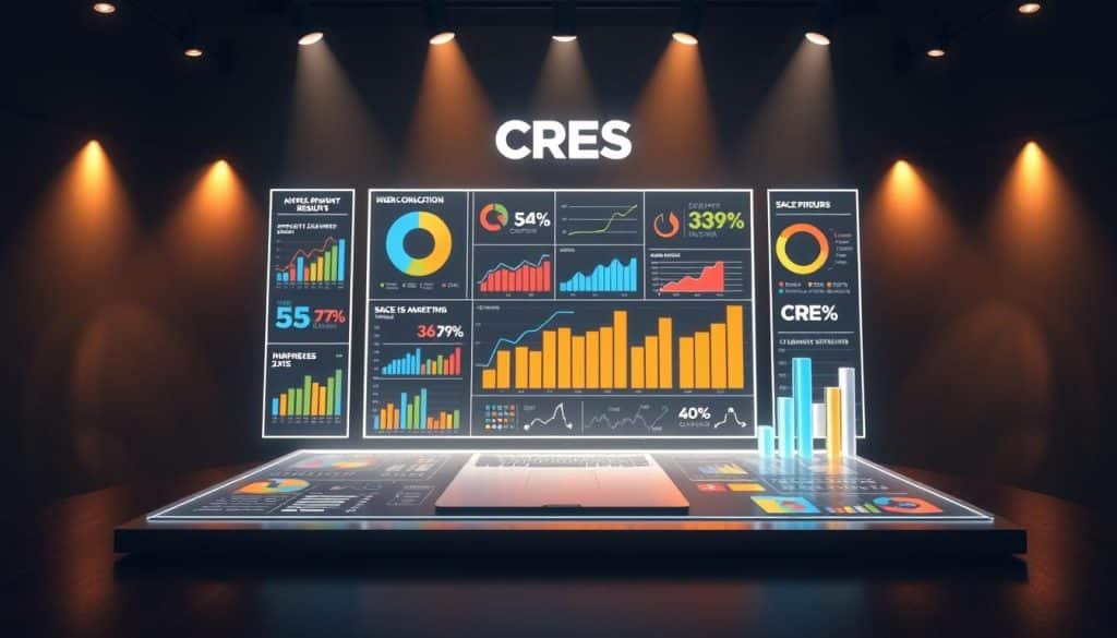 A stunning digital marketing results visualization showcases the CRES brand's proven track record. In the foreground, an immersive 3D infographic displays vibrant charts, graphs, and statistics, illuminating the impressive sales figures generated. The middle ground features a sleek, minimalist interface, allowing the data to take center stage. The background is enveloped in a soft, warm glow, creating a professional and authoritative atmosphere. Subtle lighting from various angles accentuates the depth and dimensionality of the scene, highlighting the power and precision of the CRES digital marketing approach.