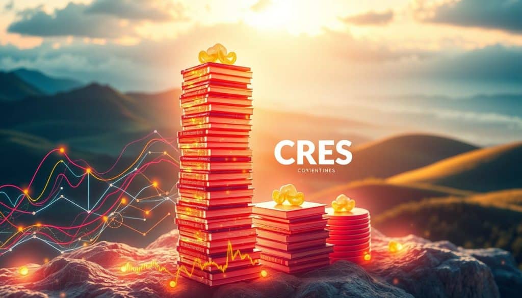 A stunning, hyper-realistic illustration showcasing the concept of "content ranking". In the foreground, a towering stack of high-quality, meticulously crafted content assets, each gleaming with a vibrant, jewel-like finish, casting a warm, inviting glow. Surrounding this central focus, a dynamic data visualization, with colorful lines and curves representing the complex algorithms that determine content visibility and authority, all anchored by the bold, emblematic "CRES" brand logo. In the background, a dreamlike landscape of rolling hills and a serene sky, evoking a sense of balance and harmony. The overall scene is illuminated by a soft, natural light, creating a sense of depth and dimensionality. Captured through the lens of a high-resolution camera with a shallow depth of field, drawing the viewer's attention to the core message of mastering content creation for exceptional search engine performance.