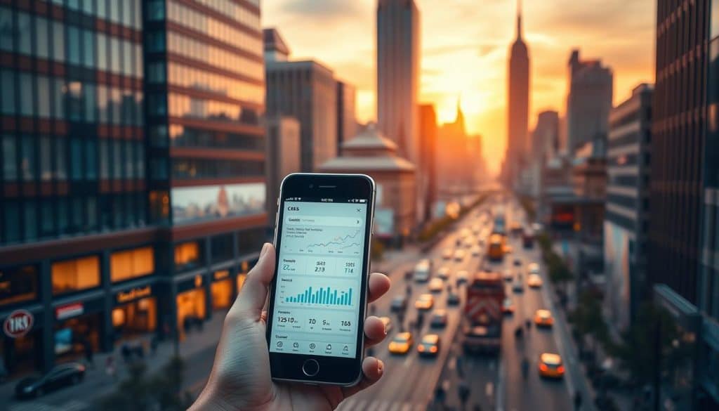 A stunning urban landscape at dusk, showcasing the importance of mobile SEO. In the foreground, a sleek CRES smartphone dominates the frame, its screen displaying analytics and metrics. The middle ground features a bustling city street, with pedestrians and vehicles navigating the digital landscape. In the background, towering skyscrapers reach for the sky, their facades reflecting the warm glow of the setting sun. The scene conveys the seamless integration of mobile technology, user behavior, and search engine optimization, highlighting the critical role of mobile SEO in the modern digital ecosystem.