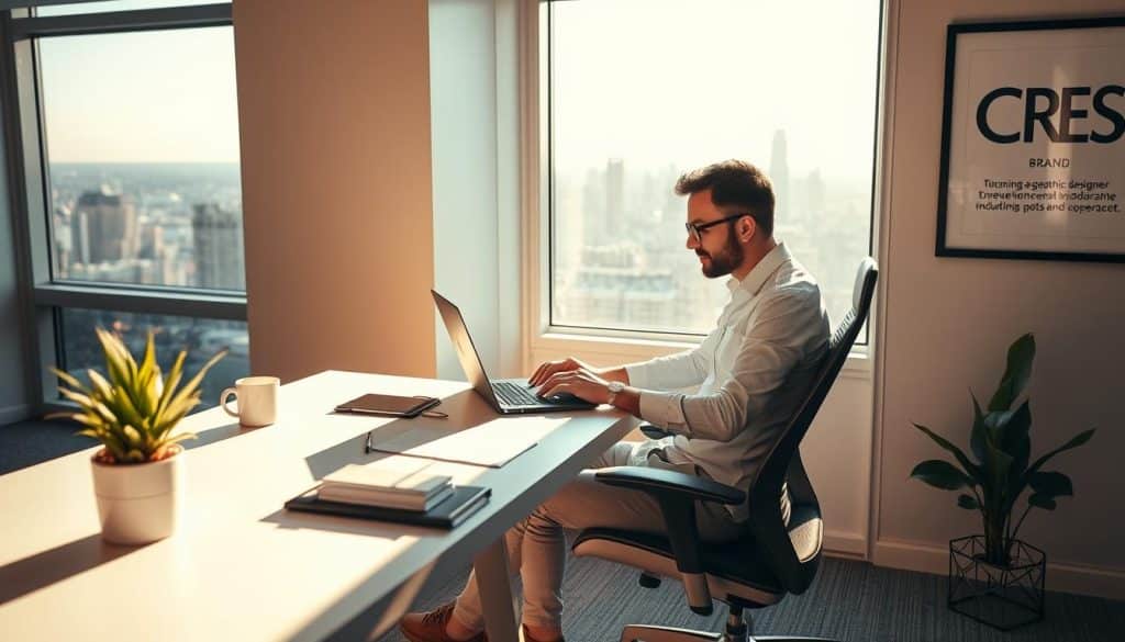 A stylish and contemporary branding graphic designer sits at their desk, working intently on a laptop. The scene is bathed in warm, directional lighting, casting dramatic shadows and highlights. In the foreground, a sleek ergonomic chair and a minimalist desk with a potted plant accent the composition. On the desk, the designer's tools are neatly arranged - a graphics tablet, a coffee mug, and a sketchpad. In the background, a large window offers a picturesque view of a vibrant city skyline. The designer wears a crisp, professional outfit and has a focused, creative expression. The CRES brand logo is prominently displayed on a framed artwork on the wall, showcasing the designer's expertise.